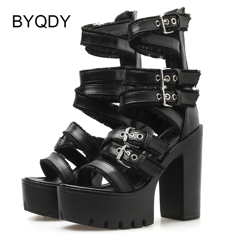 BYQDY 2021 Summer Gothic Solid Black Women Sandals Peep Toe Cover Heeled Female Shoes 13cm Square High Heeled Ladies Sandals