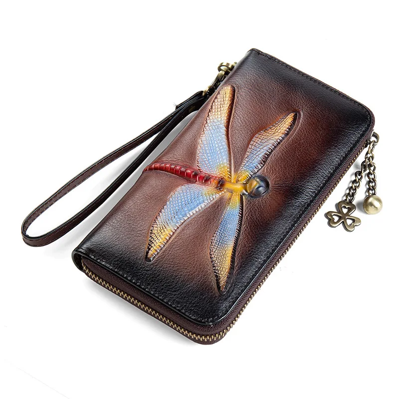 New Retro Handmade Embossing Genuine Leather Luxury Hand Wallet Vintage Dragonfly Purse Women's Long Wallet Women Clutch  Bag
