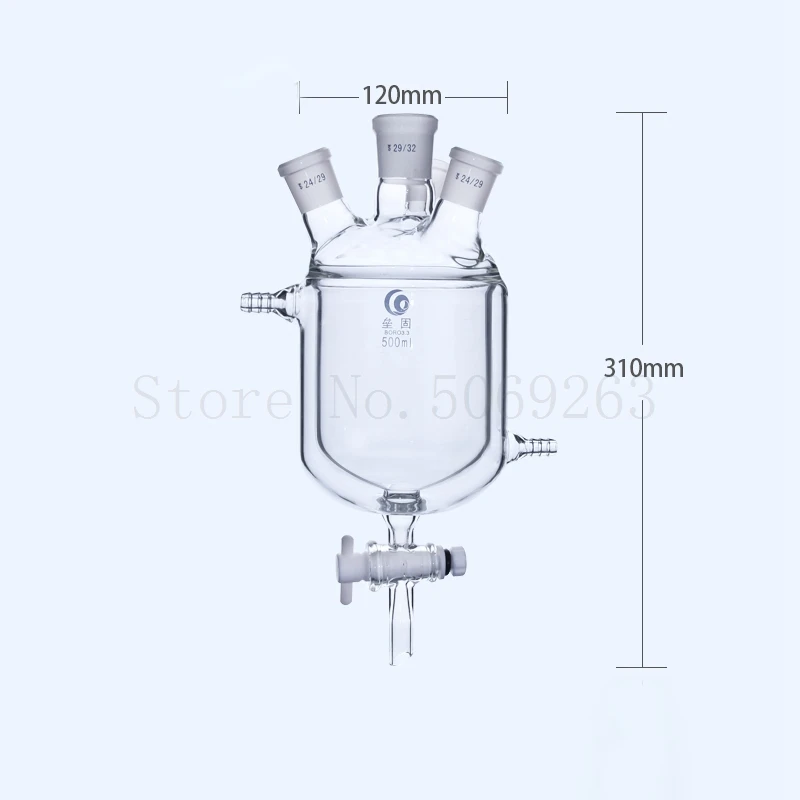 Laboratory Four-mouth Borosilica Glass Jacketed Reaction Bottle with PTFE Emptying Valve Laboratory Double-decker Reaction Flask