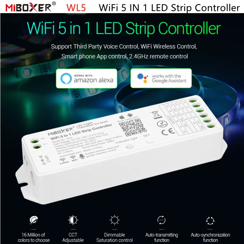

Контроллер Miboxer WL5 2,4G 5 в 1 с Wi-Fi для светодиодных лент, Одноцветный контроллер CCT, RGB, RGBW, CCT, управление через приложение/Wi-Fi/вечерние нее Голосовое управление
