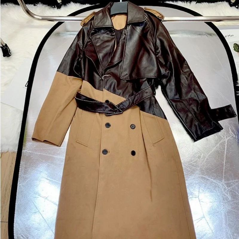 

Splice Women Pu Leather Windbreakers Elegant Medium Long Elegant Sashes Khaki Overcoat Streetwear Slim Full Sleeve Trench Coats