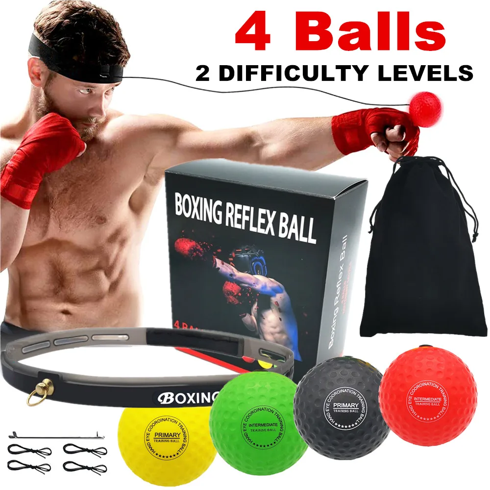 4 Boxing Reflex Ball Set 2 Difficulty Level with Silicone Headband for MMA Punching Speed Fight Skill Ball Reaction Agility