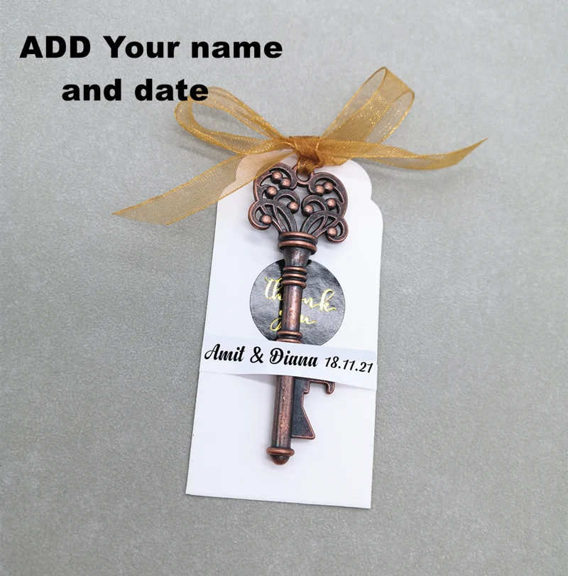 Hochzeitsgeschenke für Gäste Souvenirs Partygeschenke Kupferfarbener Skelettschlüssel Flaschenöffner mit personalisiertem Namensaufkleber – Detail 11