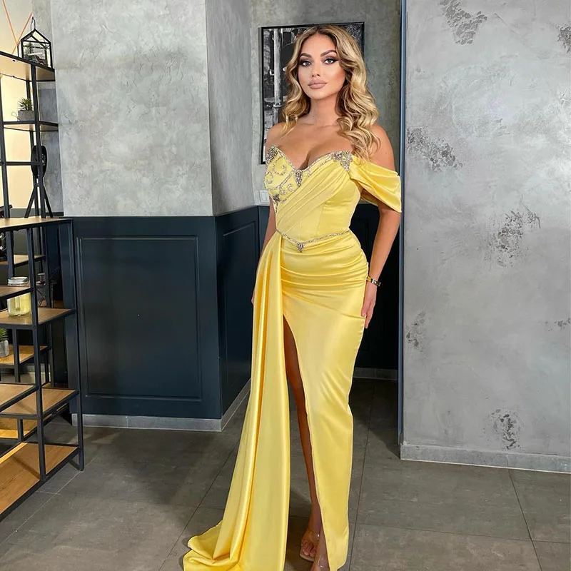 SoDigne Yellow Beads Elegant Formal Dress Off The Shoulder Pleat Evening Dress Side Split Women Evening Gowns abendkleider