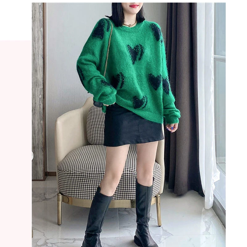 Mohair Green Knit Sweater Women's Blouse Long Sleeves with Love Sweater in the Fall of 2021 New Soft and Comfortable Sweater