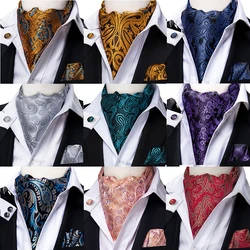 Hi-Tie Fashion Men's Cravat Set Luxury Floral Paisley Cravat Tie Men 100% Silk Red Blue Pink Ascot Pocket Square Cravat for Men