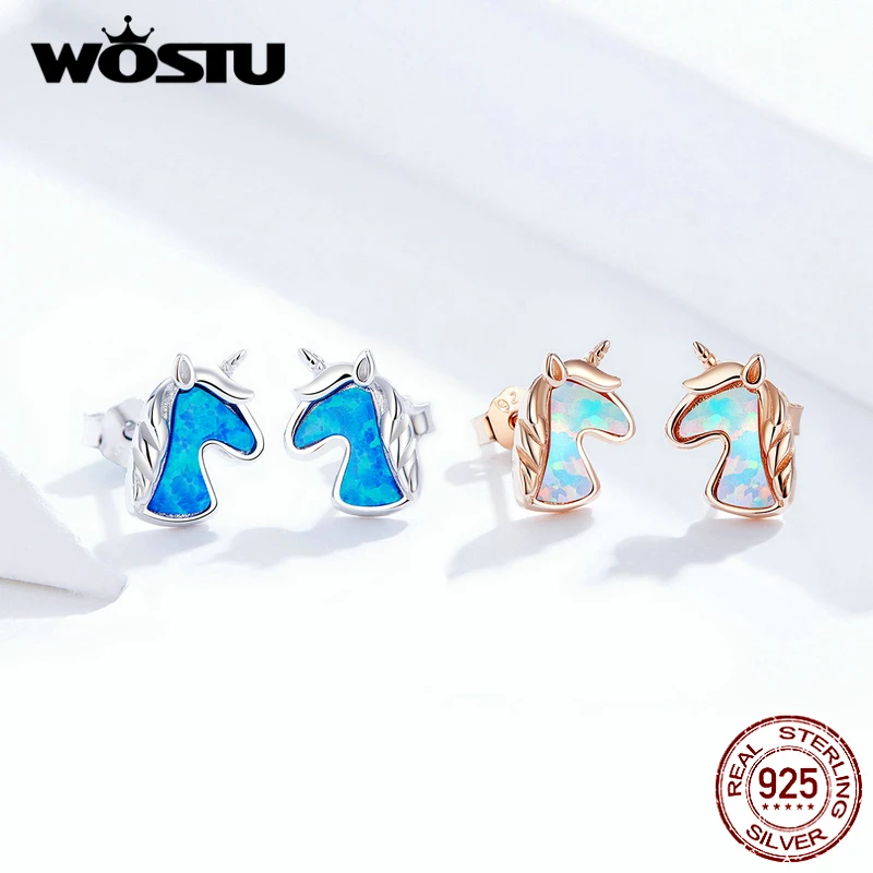 WOSTU-pendientes pequeños de Plata de Ley 925 con ópalo y unicornio azul, joyería de lujo para mujeres, regalo de boda, CQE815-A