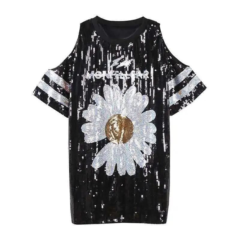 

CHIC Ins Floral Daisy Sequined Women T-Shirt American Off-Shoulder Sleeves Top Loose Sunflower Long Tee Dress Party Street Wear