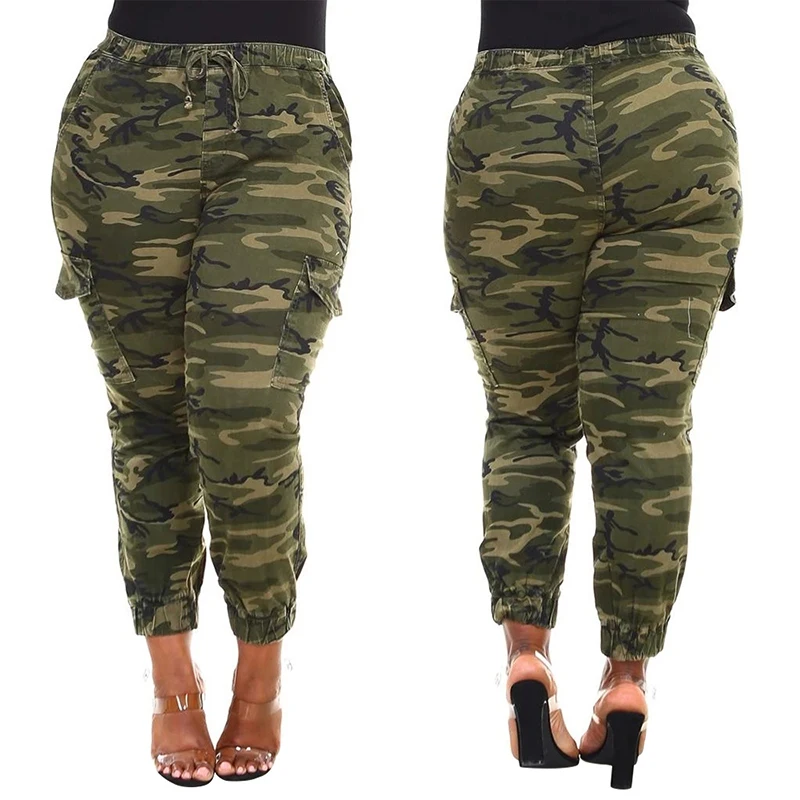 Spodnie damskie Plus Size Camo spodnie z wieloma kieszeniami Casual Military Army Print spodnie z wysokim stanem strój do ćwiczeń