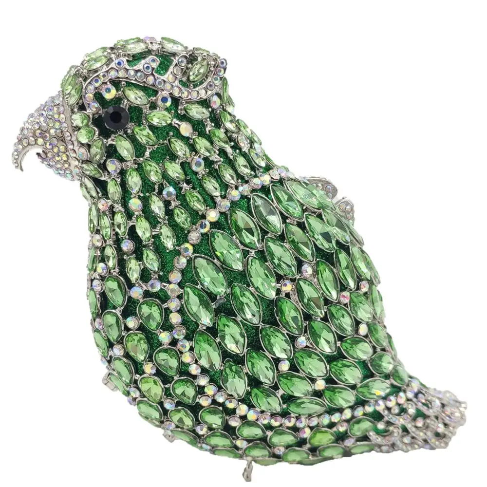 Boutique De FGG Green with Iridescent Parrot Clutch Purses Women Crysal Evening Bags Party Cocktail Rhinestones Handbags