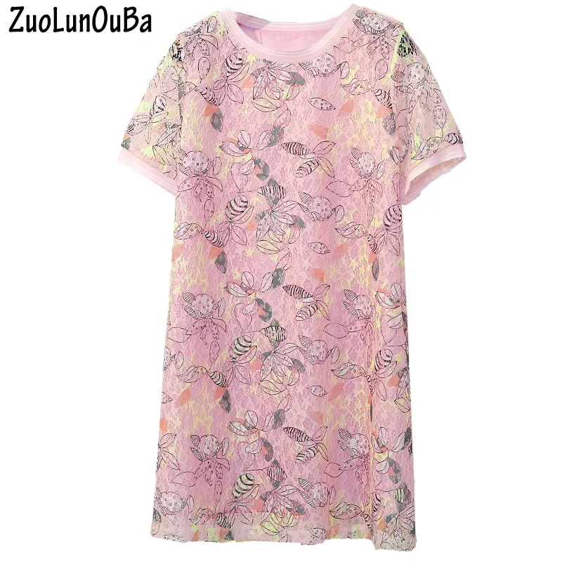 

ZuoLunOuBa Summer Fashion Hollow Pink Long T Shirt Women Floral Pattern Short Sleeve Slim Long Tees Tops