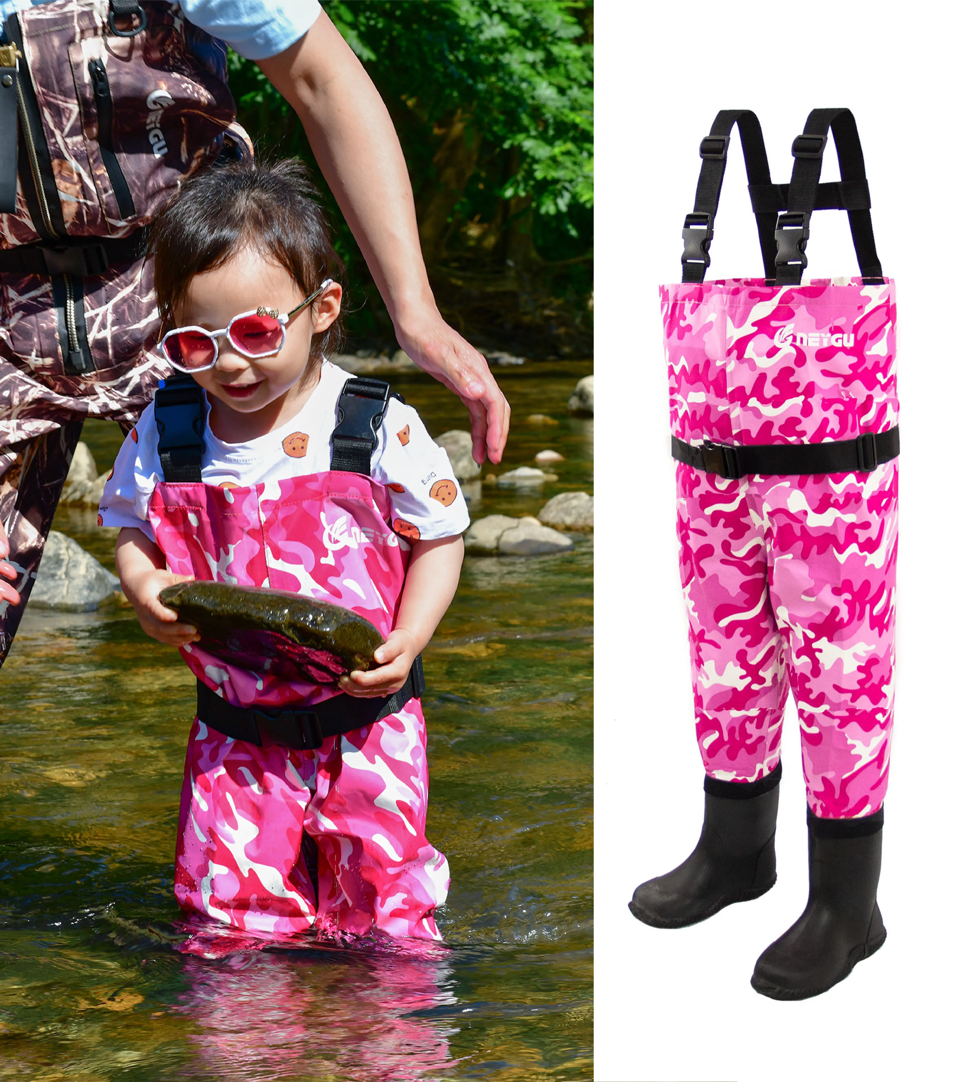 

NeyGu Teenager Adjustable Muddy Waterplay Waders with Rubber Boots, Youth Fishing Wader for Marsh Camping Playing