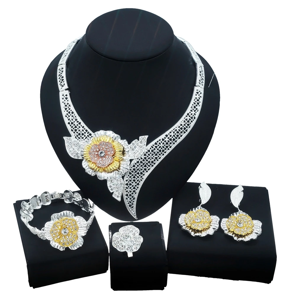 

Yulaili Exquisite Flower Pattern Bridal Gift Jewels and Cube Girl Party Earrings Necklace Bracelet Ring Jewelry Set