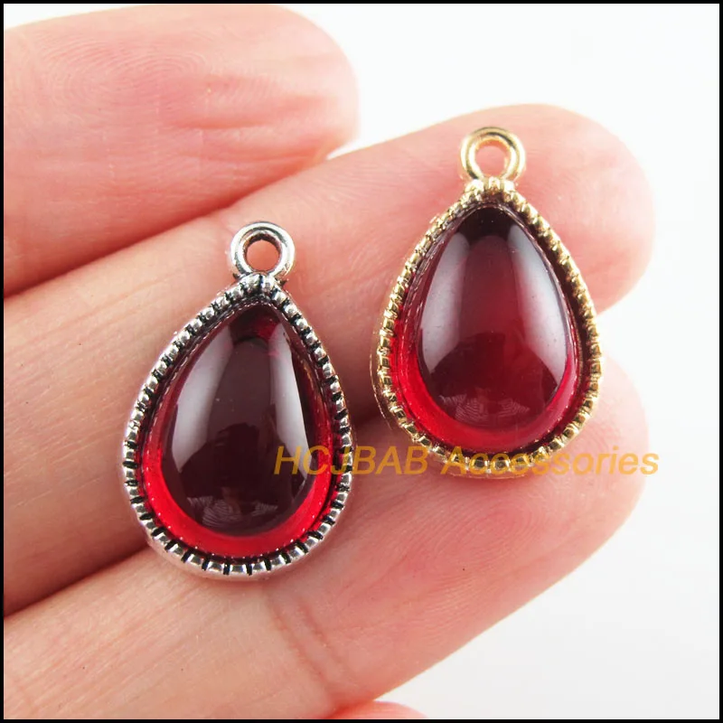 

10 New Teardrop Charms Red Glaze Flower Pendants Tibetan Silver Tone & Gold Color 13x19.5mm