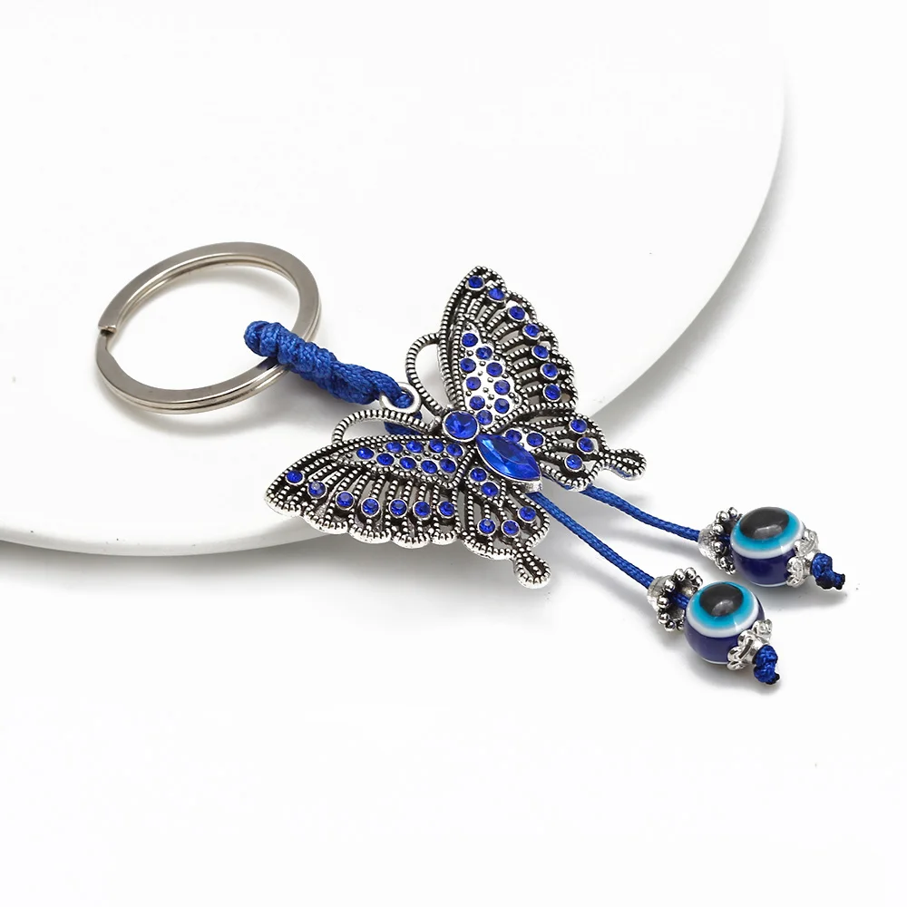 Lucky Eye Alloy Butterfly Pendant Keychain Blue Turkish Evil Eye Bead Tassel Alloy Car key Chain for Women Men Jewelry BE268