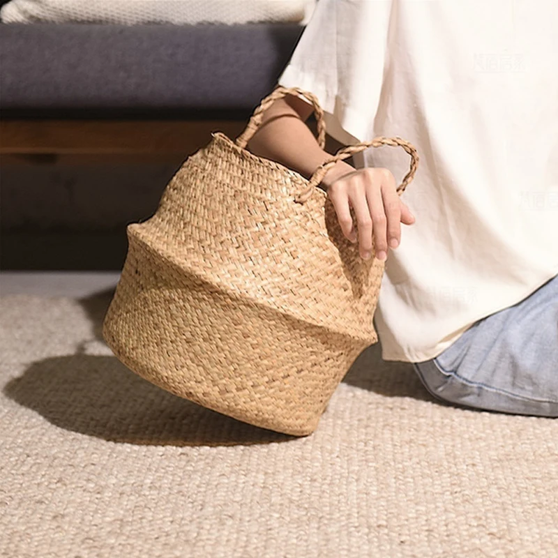 Handmade Woven Storage Basket Folding Clthoes Laundry Basket Straw Wicker Rattan Seagrass Belly Garden Flower Pot Plant Basket