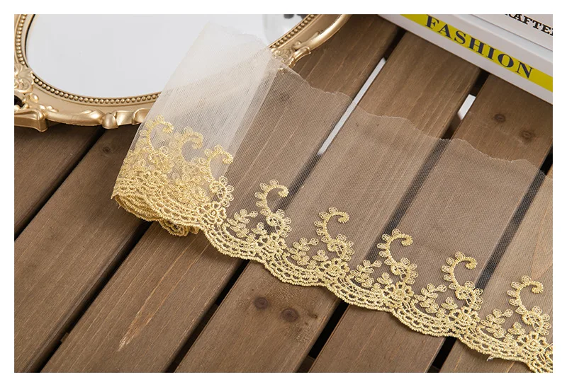 3Yards Soft Ivory Tulle Mesh Gold Fabric Venise Lace Trim Embroidery Sewing Crafts Doll Material Lace Edge Skirt 14cm