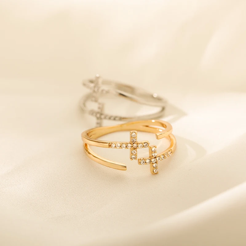 Shiny Opening Zircon Double Cross Rings For Woman Gold Color Copper Metal Ring Luxury Wedding Ring Jewelry Gift Bague image 5