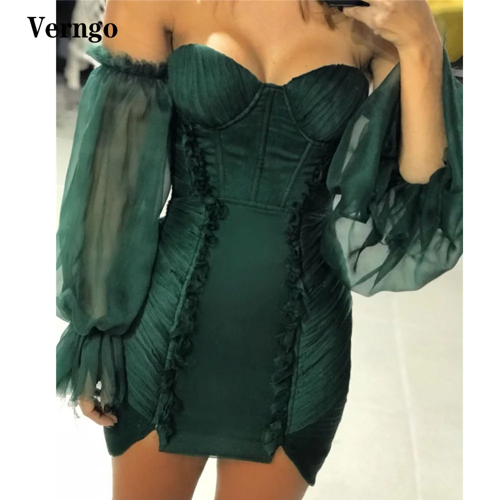 

Verngo Dark Green Short Cocktail Party Dresses Puff Long Sleeves Sweetheart Mini Lady Event Occasion Celebrity Dress Prom Gown