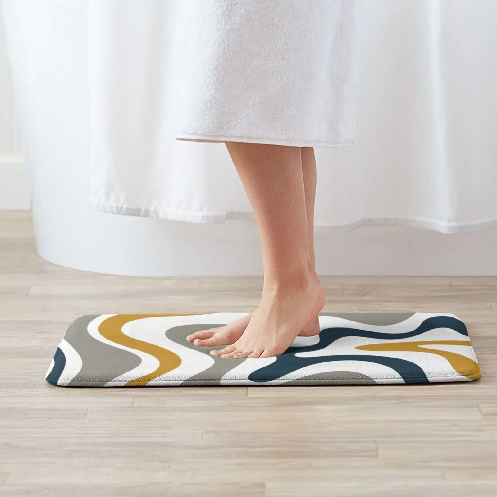 Liquid Swirl Contemporary Abstract In Mustard Yellow , Navy Blue , Grey , And White Entrance Door Mat Bath Mat Rug Abstract