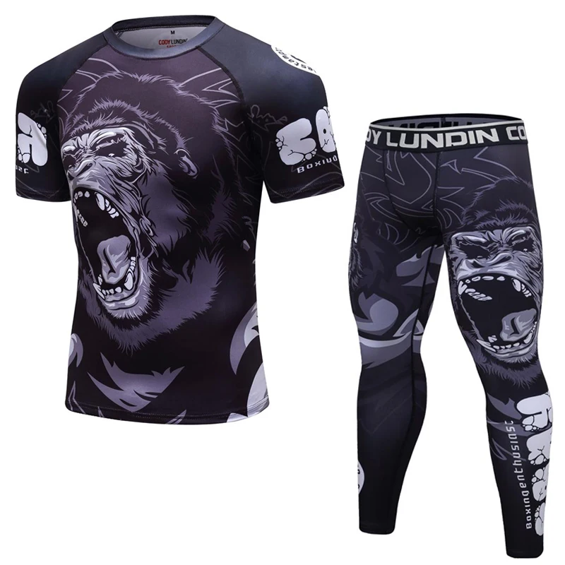 Men Boxing Suit Compression Sport Running T-Shirt+Pants Sets Tight Kickboxing Tracksuit MMA Muay Training Rashguard Fightwear