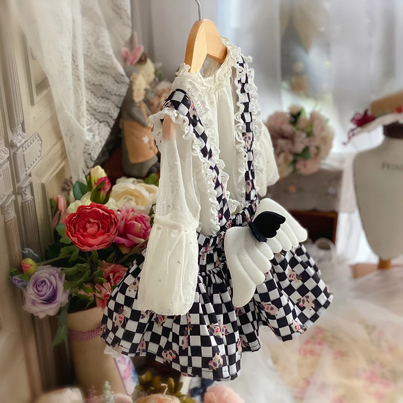 Baby girl spring autumn lolita plaid Spanish cute strap ball gown dress kids mesh stitching birthday party dress