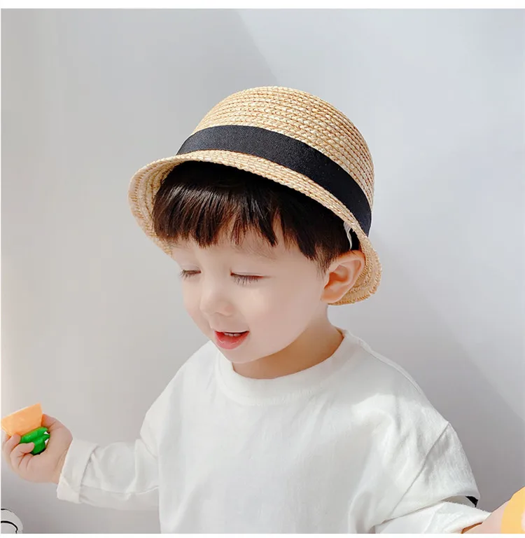 Japanese Style Children Baby Straw Plaited Bucket Hat Fashion Round Top Outdoor Summer Sunhats Infant Kids Boys Girls Hats Caps