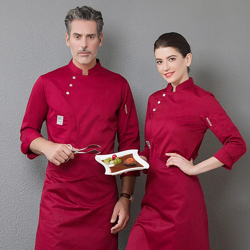 Chaqueta de uniforme azul de manga larga para hombre y mujer, abrigo de cocinero de doble botonadura, para restaurante, cocina y Catering