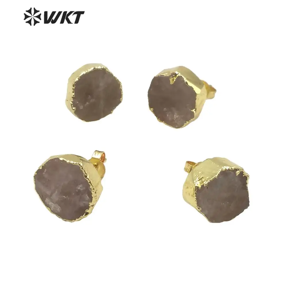 WT-E631 Raw Pink Quartz Stone Earring Stud With Gold Eletroplated Natural Raw Stone Women Jewelry Stud China Supplier