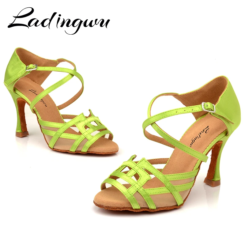 Ladingwu zapatos de baile para mujer, calzado de Salsa, verde claro, satén, diseño de patrones geométricos, fondo suave