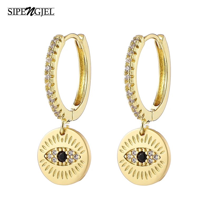 SIPENGJEL New Fashion Cubic Zircon Green Eye Earrings Gold And Silver Color Round Circle Hoop Earrings For Women Jewelry 2021