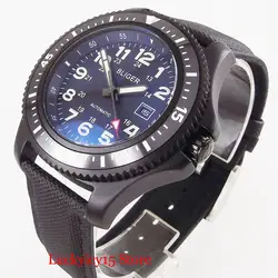 BLIGER Brand 44mm Automatic Men Watch Date Window Rotating Bezel PVD Watch Case Black Dial Leather Strap