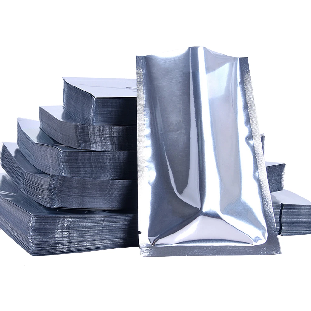 100Pcs Silver Open Top Mylar Foil Bag Tear Notch Heat Vacuum Seal for Food Dry Fruit Snack Candy Cookies Coffee Bean Tea Storage