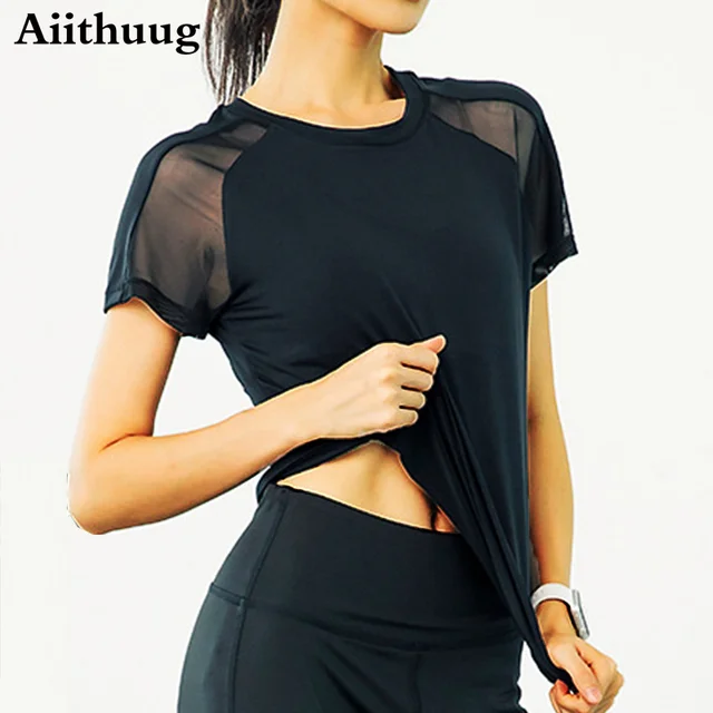 Aiithuug Koszulki treningowe z krótkim rękawem dla kobiet Elastyczne koszulki sportowe do biegania Dry Fit Mesh Yoga Gym Top Fit T-Shirt Mois