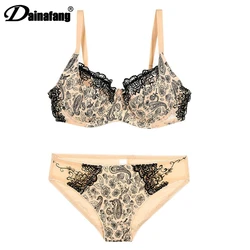 Sexy Lace Lingerie Print Bow Decorative Push Up Bras Sets DE Cup High Quality Cotton Back Closure Strappy Underwear