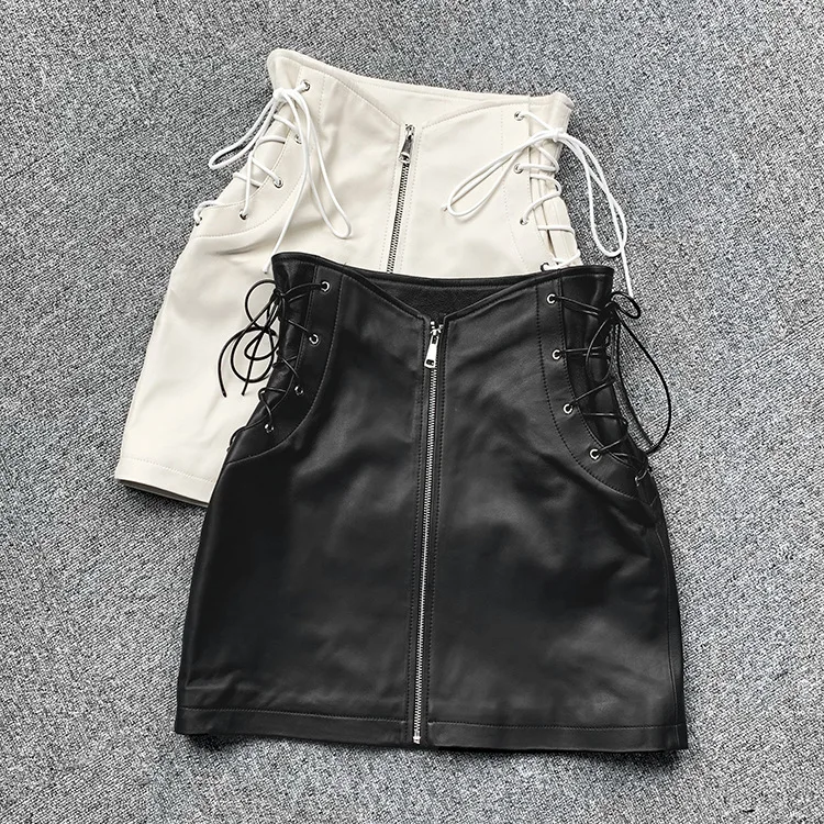 

Autumn Women's High-rise leather Mini Skirt Hot Fashion genuine leather bandage Skirts B108