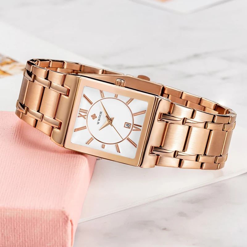 WWOOR-Reloj cuadrado para Mujer, pulsera de lujo, color oro rosa, nuevo diseño, 2024