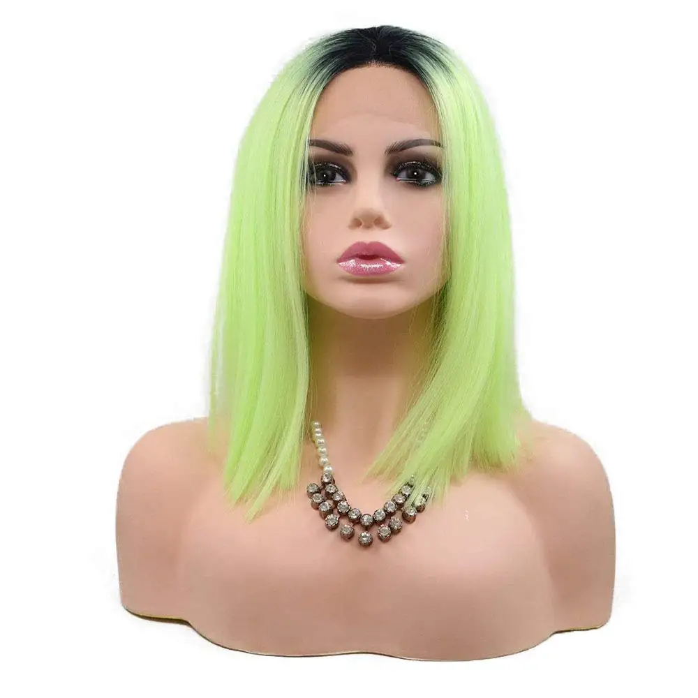 Sylvia Ombre Short Bob Wig Neon Green Lace Front Wigs for Women Synthetic Lace Wig with Dark Hair Roots Straight Hair Wigs