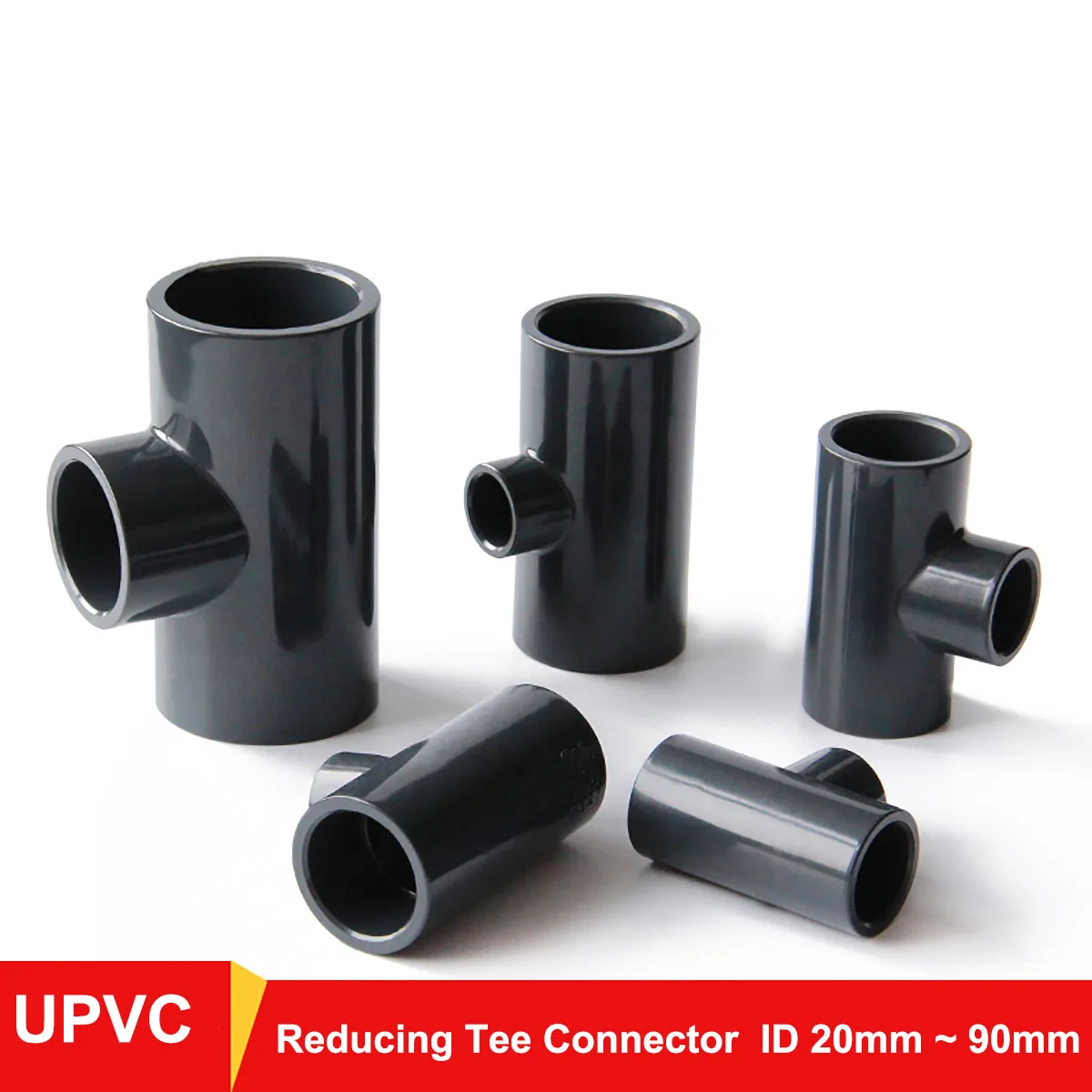 

ID 20~90mm Dark Gray UPVC Reducing Tee Connector 3-Way Water Pipe Fittings Garden Irrigation Joint Aquarium Tank Coupler Adapter