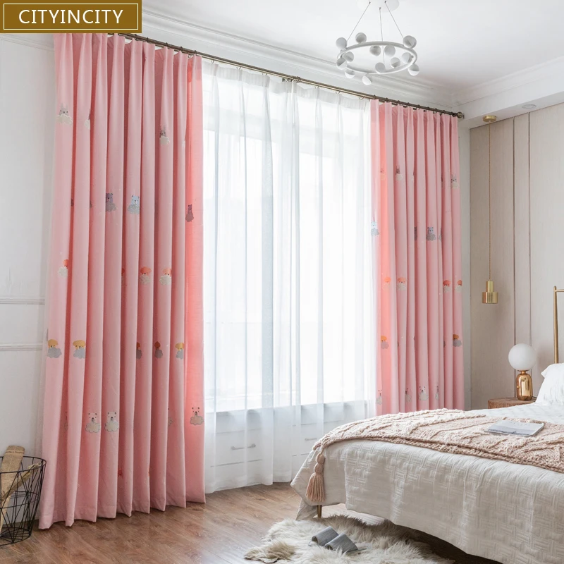 

CITYINCITY girl Curtain For bedroom Embroidered Faux linen cute bear Curtains for living room Home Decor Customized