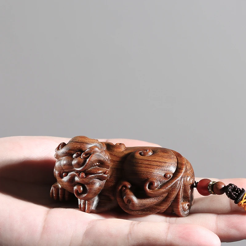 Handcrafted Wooden Pixiu Lion Dragon's Son Figurine - Lucky Charm Sculpture, Exquisitely Carved Small Decorative Ornament