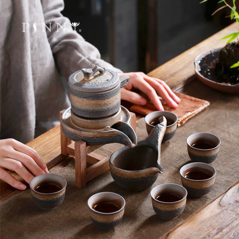 

PINNY-Gilt Stone Grinding Tea Set, Ceramic, Kung Fu Teaware, Gift Box, Creative, Semiautomatic, Drinkware, 8 Pcs