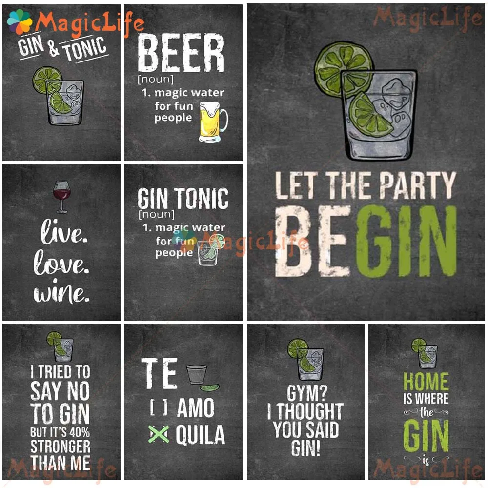 

Beer GIN TONIC Bar Quotes Wall Pictures For Living Room Kitchen Nordic Poster Wall Art Canvas Painting Home Decor Unframed