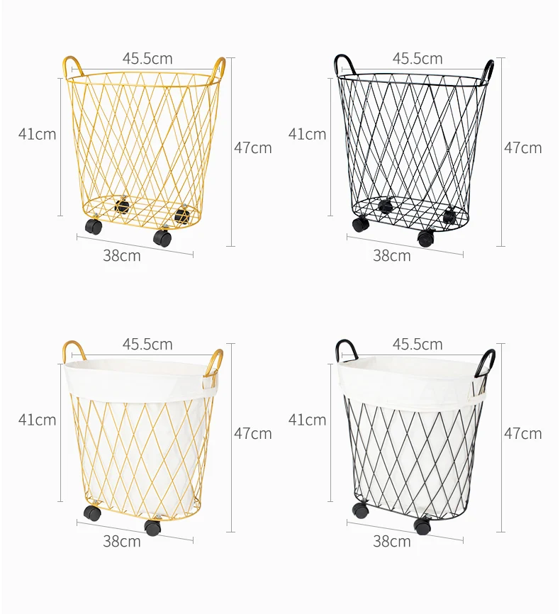 High Quality Golden Metal Gold Hollow Stylish Dirty Clothes Storage Handle Laundry Basket Home Creative Organizer with Wheel