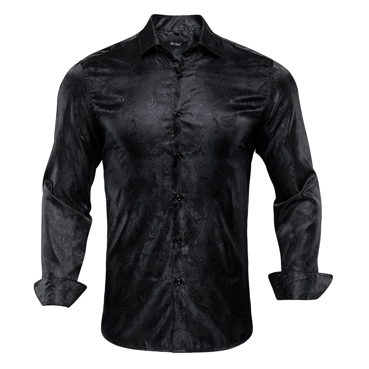 Hi-Tie High Quality Silk Mens Shirts Long Sleeve Black Brown Paisley Floral Shirt Slim Fit For Men Male Dress Jeans Suit Wedding