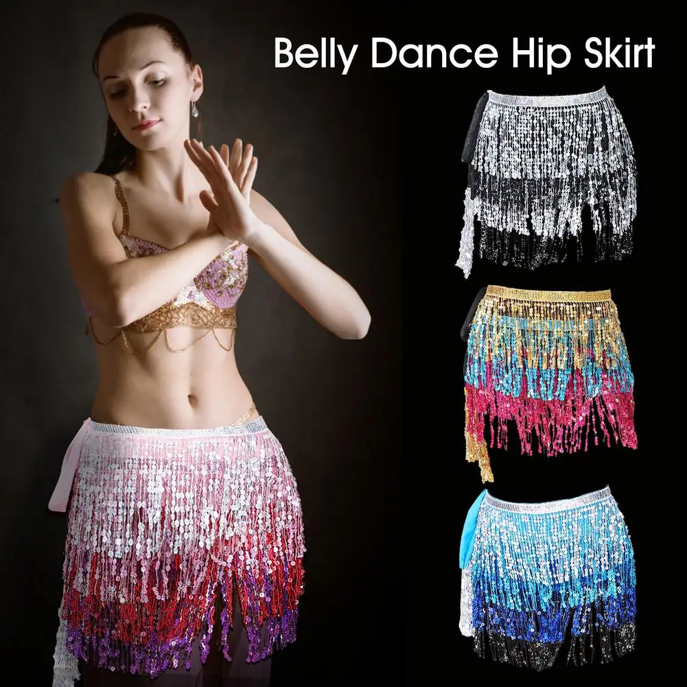 Belly Dance Hip Skirt Tassel Scarf Sequin Wrap Rave Costume