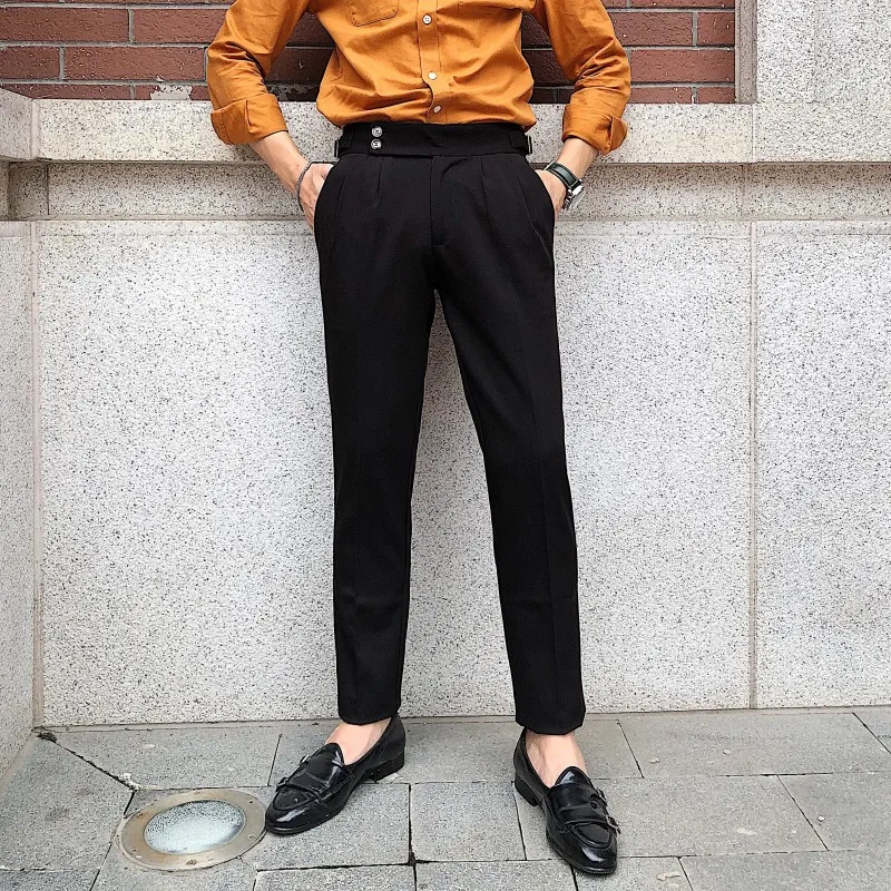 British Paris 2020 Buckle Design High Waist Pant Men Exquisite Light Luxury Versatile Casual Pants Fashion Solid Color Trousers