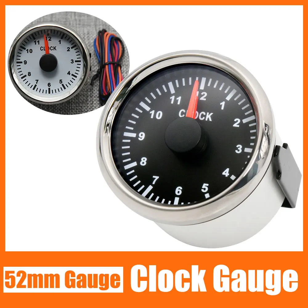 52mm Waterproof Clock Gauges Silver Black 0-12 Hours Red Backlight Instrument Panel Hour Meter for Car Boat Yacht 9-32V