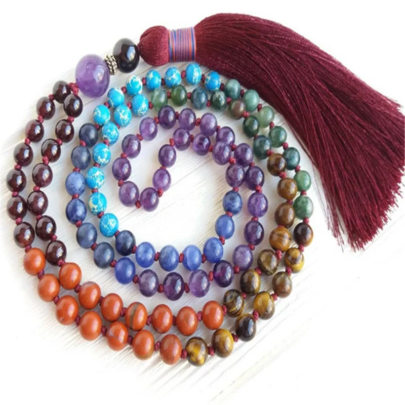 

8mm 7 Chakras Stone 108 Beads Handmade Tassel Necklace Yoga Yoga Mala Japa Buddhist Mala Religious Spiritua Retro Spirituality