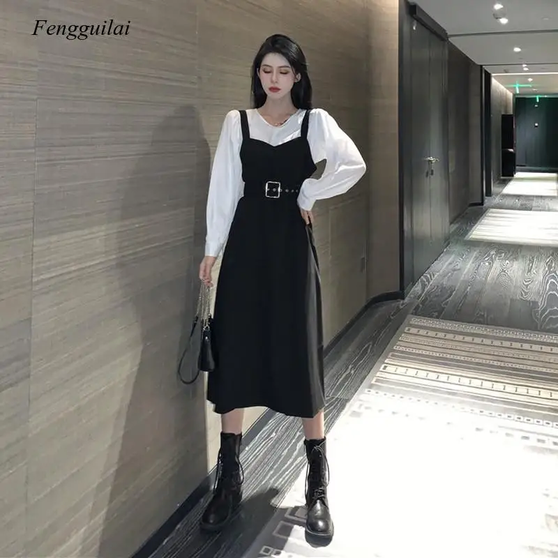 

Office Lady Midi Dress Women Casual Personality Elegant Party Dress Autumn o Neck Long Sleeve One-Piece Dress Korean